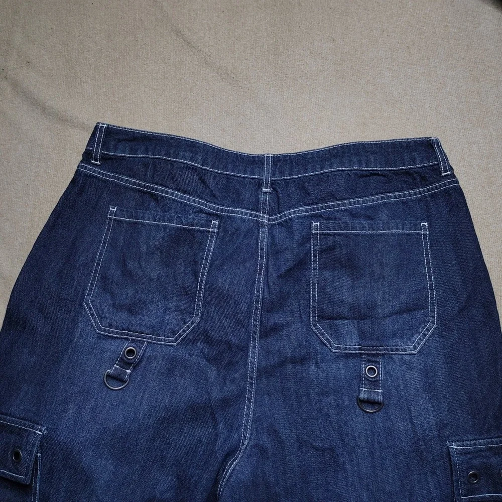 Hot Topic Denim Cutoff Jeans Straps Baggy Cargo Y2K Emo Goth Grunge Dark Blue 19